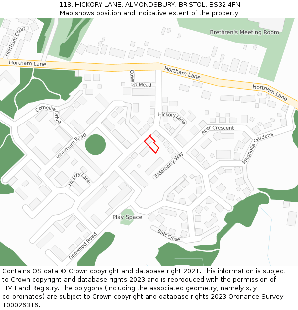 118, HICKORY LANE, ALMONDSBURY, BRISTOL, BS32 4FN: Location map and indicative extent of plot