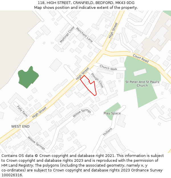 118, HIGH STREET, CRANFIELD, BEDFORD, MK43 0DG: Location map and indicative extent of plot