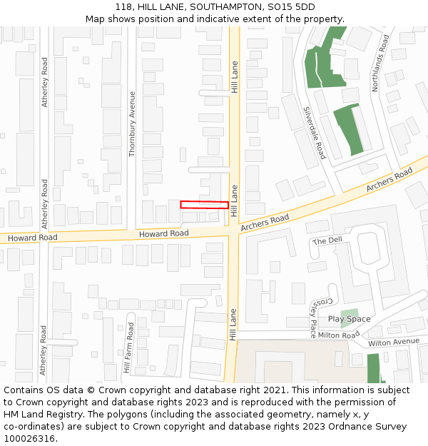 118, HILL LANE, SOUTHAMPTON, SO15 5DD: Location map and indicative extent of plot