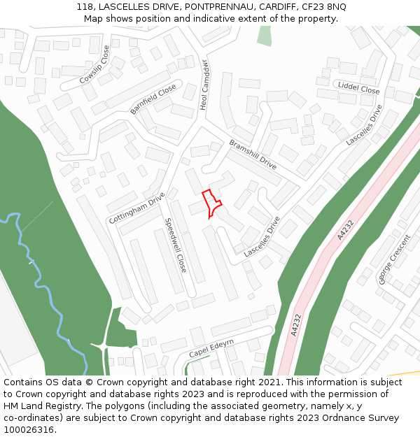 118, LASCELLES DRIVE, PONTPRENNAU, CARDIFF, CF23 8NQ: Location map and indicative extent of plot