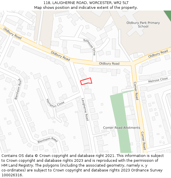 118, LAUGHERNE ROAD, WORCESTER, WR2 5LT: Location map and indicative extent of plot
