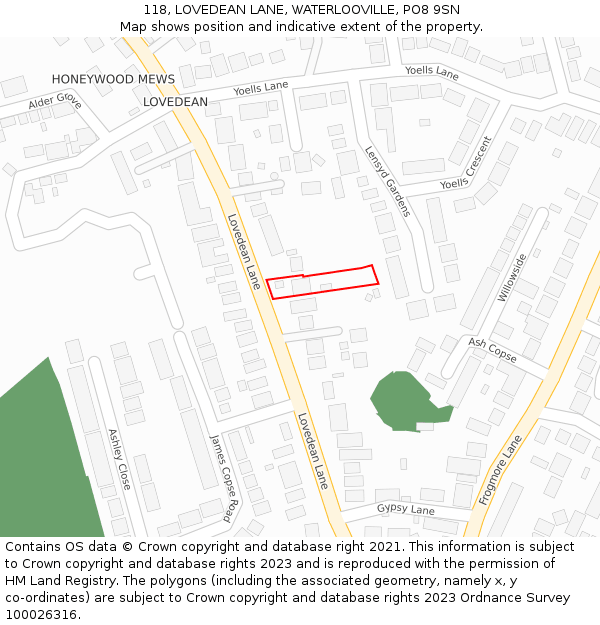 118, LOVEDEAN LANE, WATERLOOVILLE, PO8 9SN: Location map and indicative extent of plot