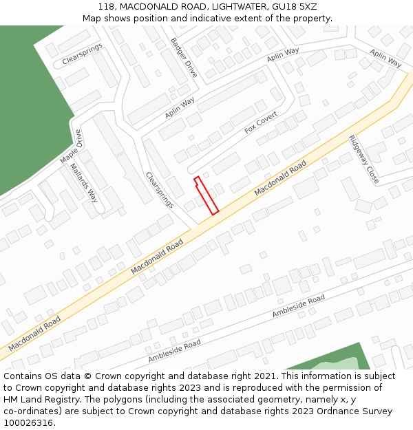 118, MACDONALD ROAD, LIGHTWATER, GU18 5XZ: Location map and indicative extent of plot