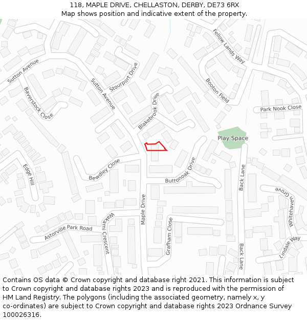 118, MAPLE DRIVE, CHELLASTON, DERBY, DE73 6RX: Location map and indicative extent of plot