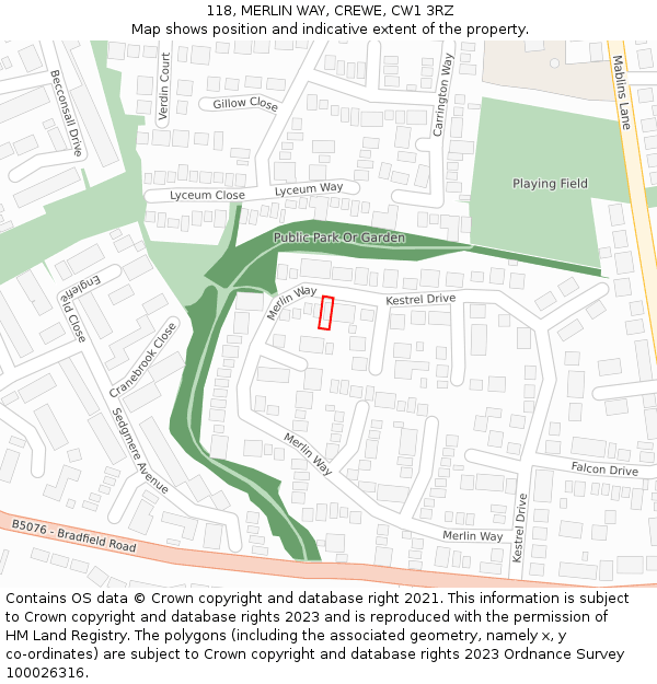 118, MERLIN WAY, CREWE, CW1 3RZ: Location map and indicative extent of plot