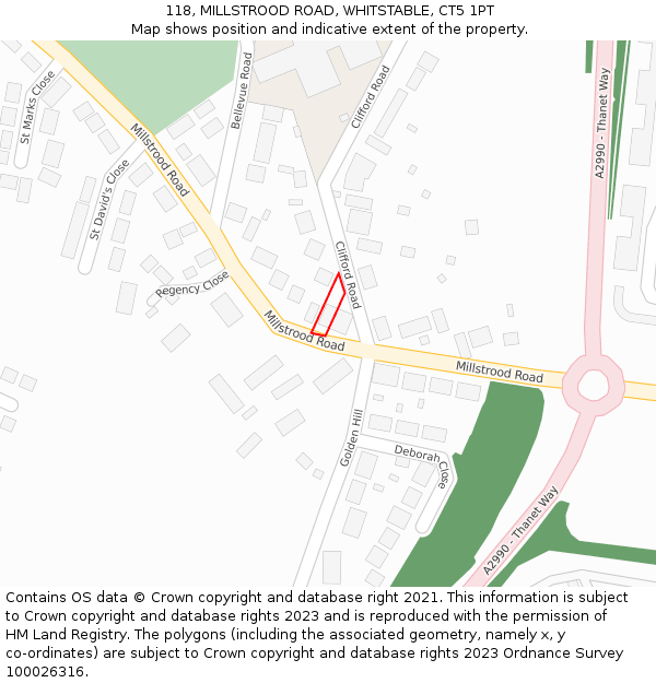 118, MILLSTROOD ROAD, WHITSTABLE, CT5 1PT: Location map and indicative extent of plot