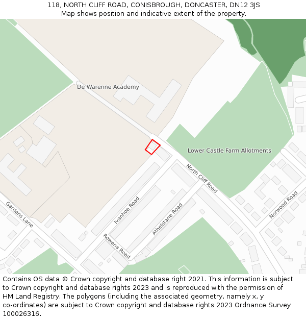 118, NORTH CLIFF ROAD, CONISBROUGH, DONCASTER, DN12 3JS: Location map and indicative extent of plot