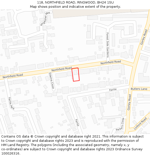 118, NORTHFIELD ROAD, RINGWOOD, BH24 1SU: Location map and indicative extent of plot