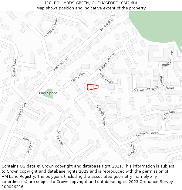 118, POLLARDS GREEN, CHELMSFORD, CM2 6UL: Location map and indicative extent of plot