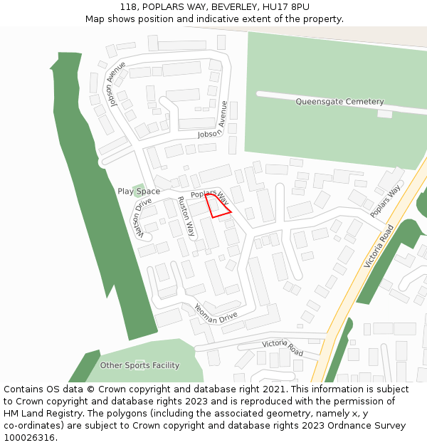 118, POPLARS WAY, BEVERLEY, HU17 8PU: Location map and indicative extent of plot