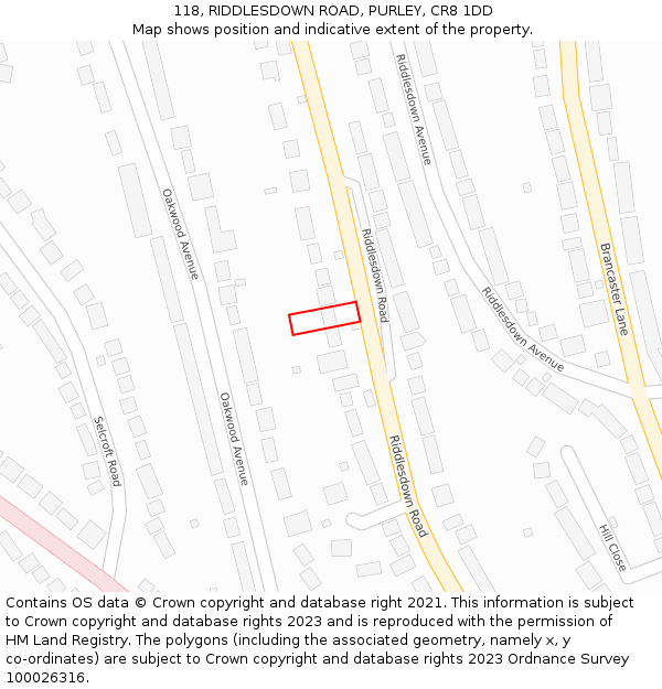 118, RIDDLESDOWN ROAD, PURLEY, CR8 1DD: Location map and indicative extent of plot