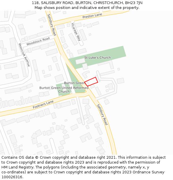 118, SALISBURY ROAD, BURTON, CHRISTCHURCH, BH23 7JN: Location map and indicative extent of plot