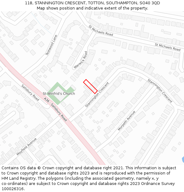 118, STANNINGTON CRESCENT, TOTTON, SOUTHAMPTON, SO40 3QD: Location map and indicative extent of plot