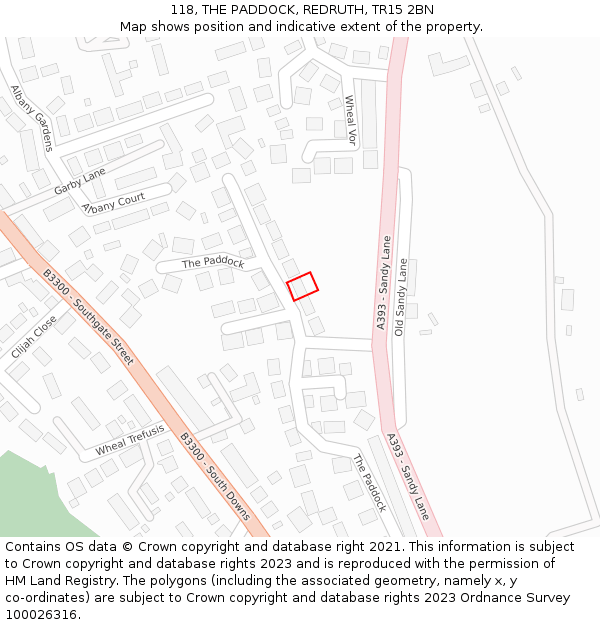 118, THE PADDOCK, REDRUTH, TR15 2BN: Location map and indicative extent of plot