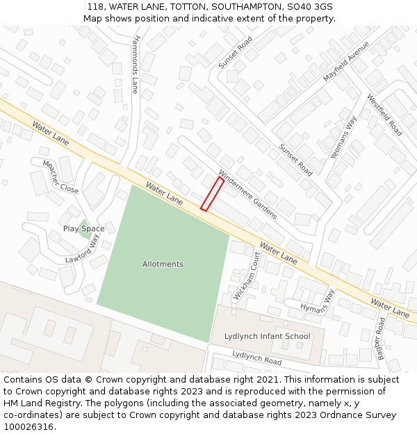 118, WATER LANE, TOTTON, SOUTHAMPTON, SO40 3GS: Location map and indicative extent of plot