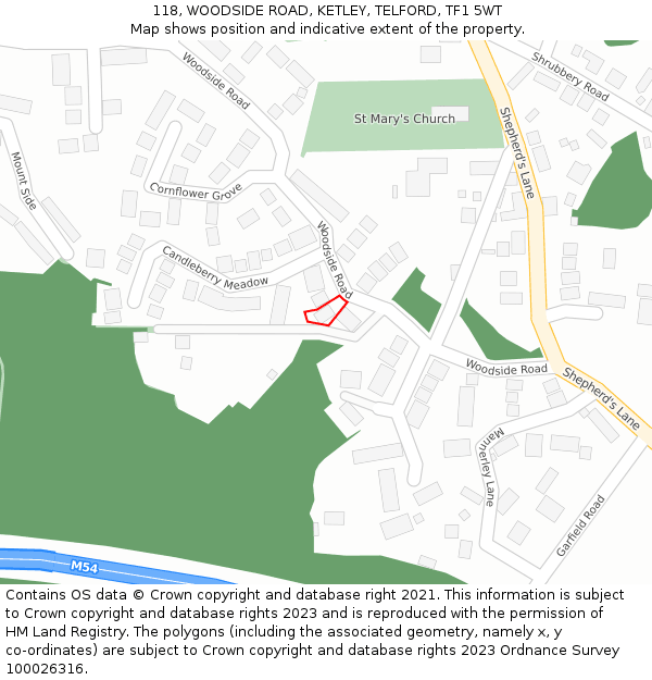 118, WOODSIDE ROAD, KETLEY, TELFORD, TF1 5WT: Location map and indicative extent of plot