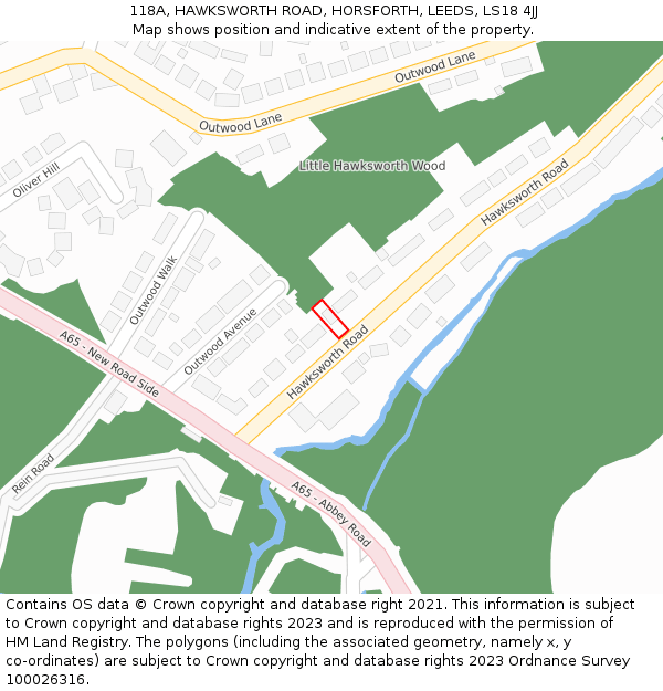 118A, HAWKSWORTH ROAD, HORSFORTH, LEEDS, LS18 4JJ: Location map and indicative extent of plot