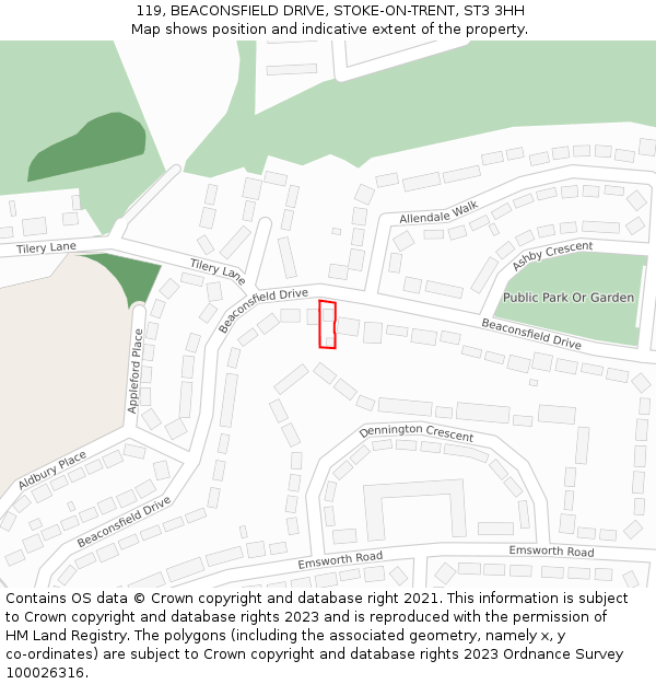 119, BEACONSFIELD DRIVE, STOKE-ON-TRENT, ST3 3HH: Location map and indicative extent of plot