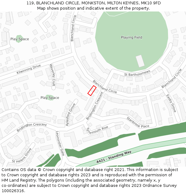 119, BLANCHLAND CIRCLE, MONKSTON, MILTON KEYNES, MK10 9FD: Location map and indicative extent of plot