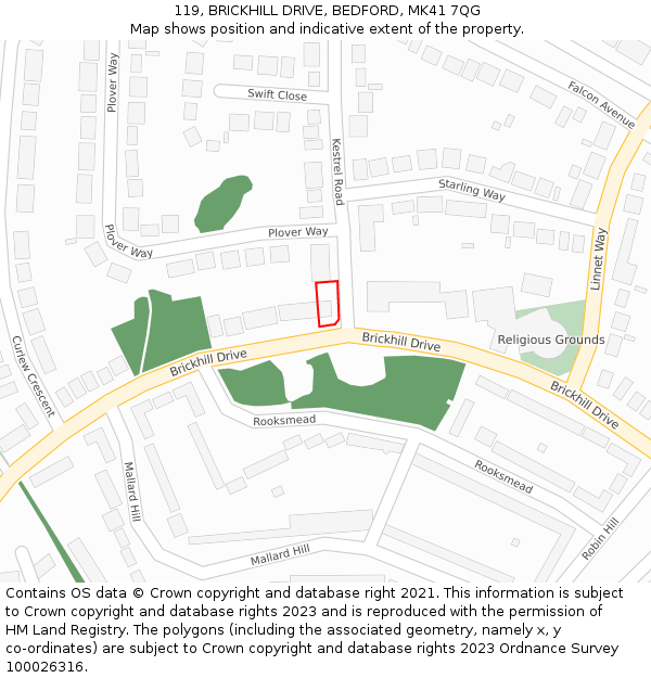 119, BRICKHILL DRIVE, BEDFORD, MK41 7QG: Location map and indicative extent of plot