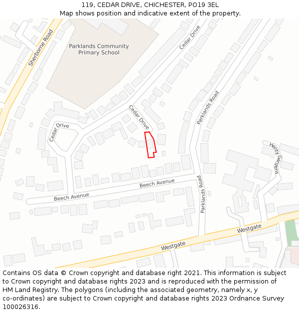 119, CEDAR DRIVE, CHICHESTER, PO19 3EL: Location map and indicative extent of plot