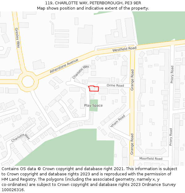 119, CHARLOTTE WAY, PETERBOROUGH, PE3 9ER: Location map and indicative extent of plot