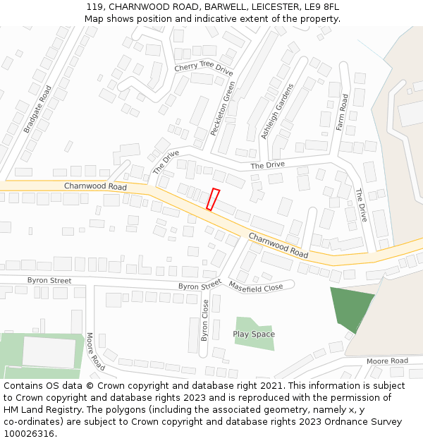 119, CHARNWOOD ROAD, BARWELL, LEICESTER, LE9 8FL: Location map and indicative extent of plot