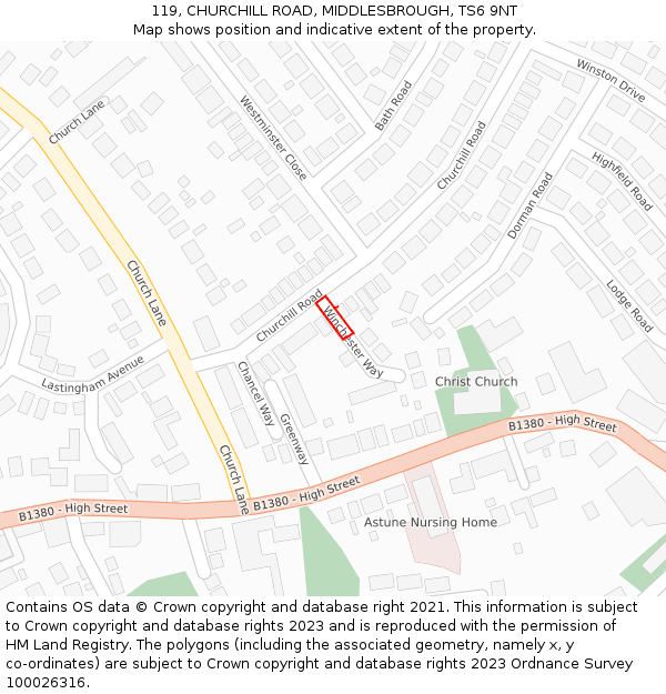119, CHURCHILL ROAD, MIDDLESBROUGH, TS6 9NT: Location map and indicative extent of plot