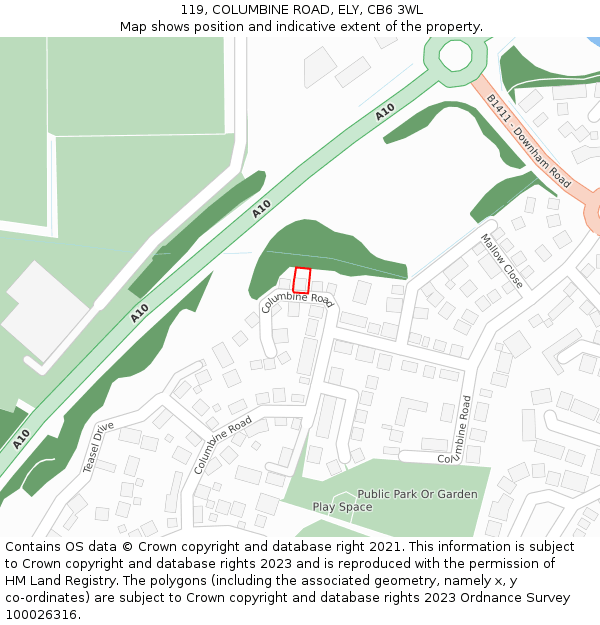 119, COLUMBINE ROAD, ELY, CB6 3WL: Location map and indicative extent of plot