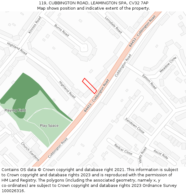 119, CUBBINGTON ROAD, LEAMINGTON SPA, CV32 7AP: Location map and indicative extent of plot