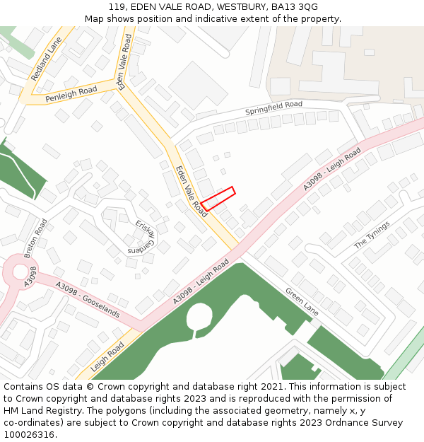 119, EDEN VALE ROAD, WESTBURY, BA13 3QG: Location map and indicative extent of plot