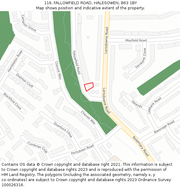 119, FALLOWFIELD ROAD, HALESOWEN, B63 1BY: Location map and indicative extent of plot