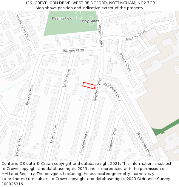 119, GREYTHORN DRIVE, WEST BRIDGFORD, NOTTINGHAM, NG2 7GB: Location map and indicative extent of plot