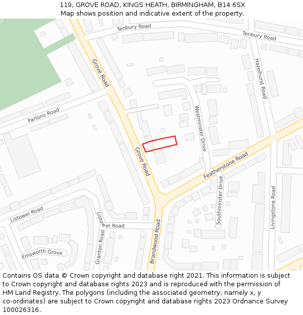 119, GROVE ROAD, KINGS HEATH, BIRMINGHAM, B14 6SX: Location map and indicative extent of plot