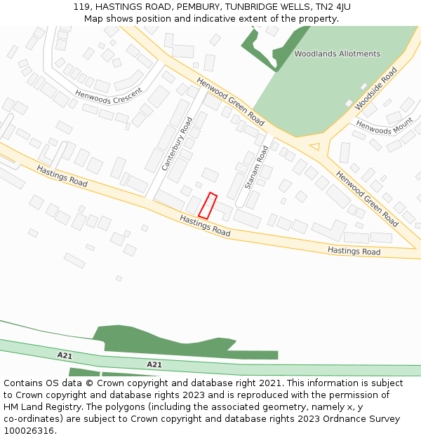 119, HASTINGS ROAD, PEMBURY, TUNBRIDGE WELLS, TN2 4JU: Location map and indicative extent of plot