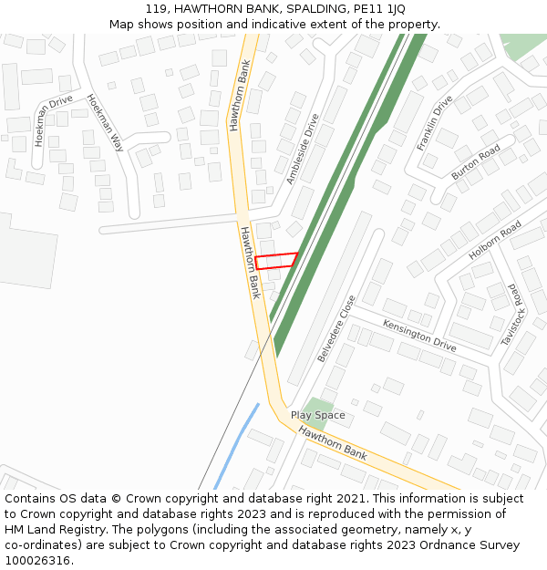 119, HAWTHORN BANK, SPALDING, PE11 1JQ: Location map and indicative extent of plot