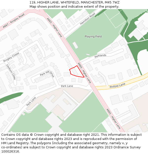 119, HIGHER LANE, WHITEFIELD, MANCHESTER, M45 7WZ: Location map and indicative extent of plot