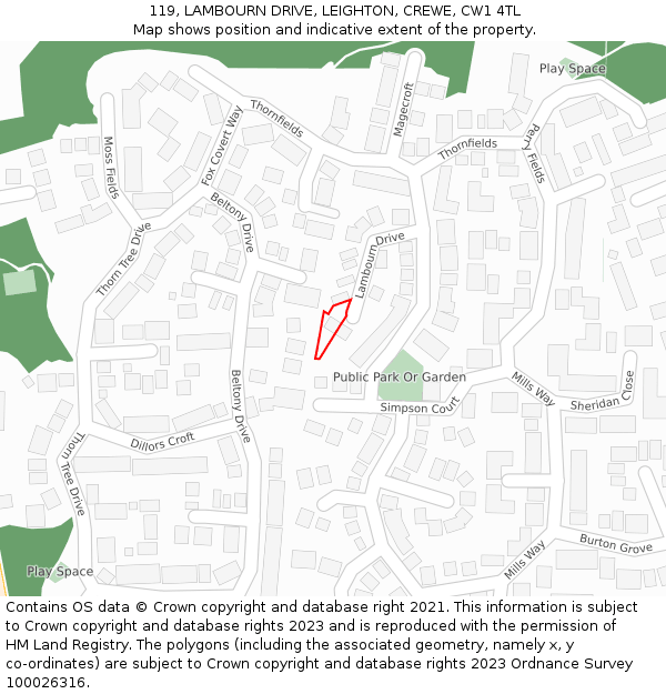 119, LAMBOURN DRIVE, LEIGHTON, CREWE, CW1 4TL: Location map and indicative extent of plot