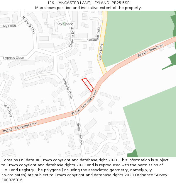 119, LANCASTER LANE, LEYLAND, PR25 5SP: Location map and indicative extent of plot