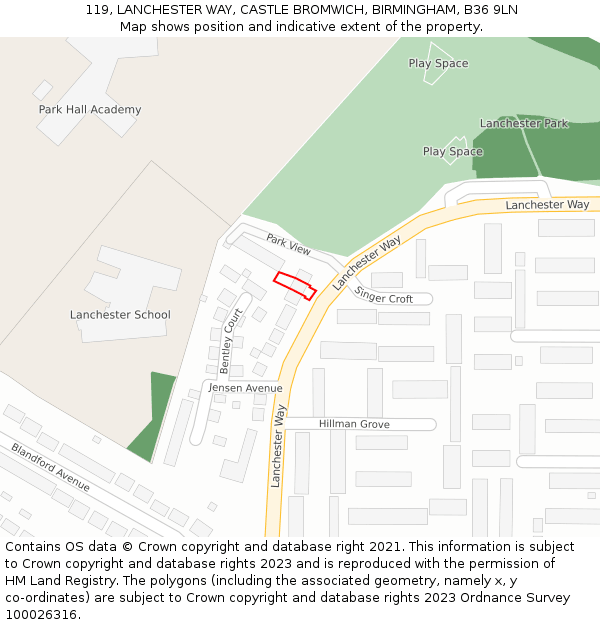 119, LANCHESTER WAY, CASTLE BROMWICH, BIRMINGHAM, B36 9LN: Location map and indicative extent of plot