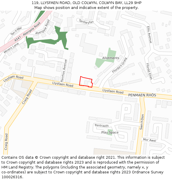 119, LLYSFAEN ROAD, OLD COLWYN, COLWYN BAY, LL29 9HP: Location map and indicative extent of plot