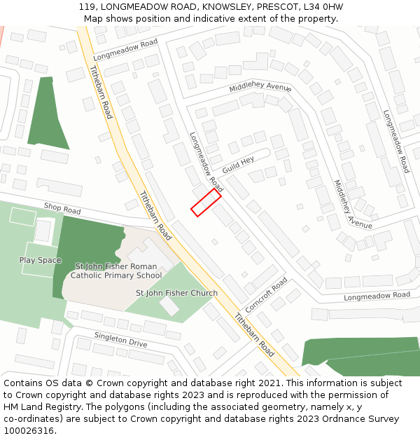 119, LONGMEADOW ROAD, KNOWSLEY, PRESCOT, L34 0HW: Location map and indicative extent of plot