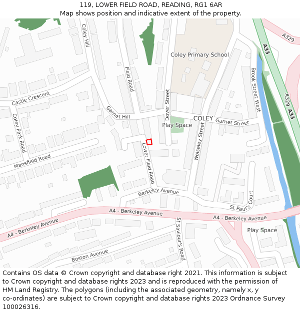 119, LOWER FIELD ROAD, READING, RG1 6AR: Location map and indicative extent of plot