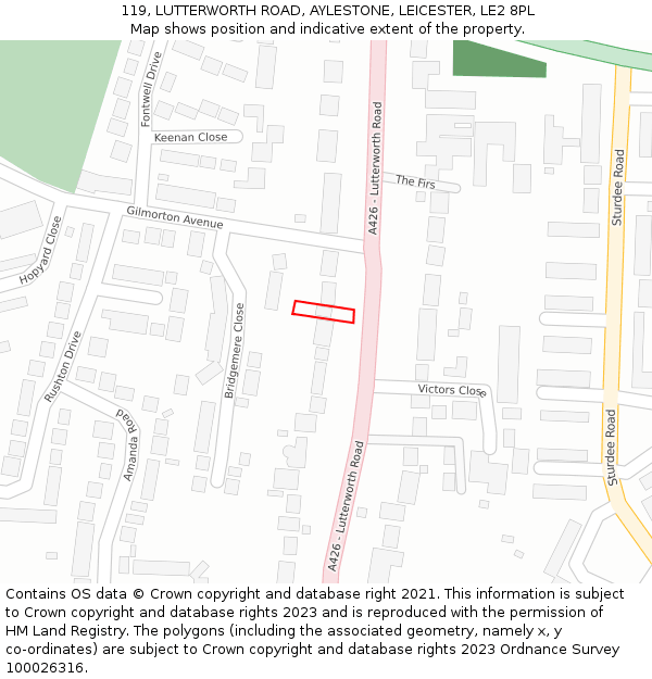 119, LUTTERWORTH ROAD, AYLESTONE, LEICESTER, LE2 8PL: Location map and indicative extent of plot