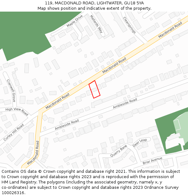 119, MACDONALD ROAD, LIGHTWATER, GU18 5YA: Location map and indicative extent of plot