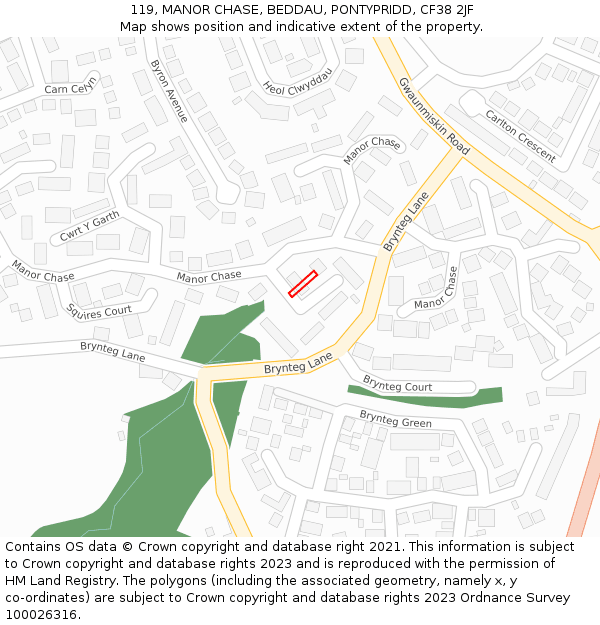 119, MANOR CHASE, BEDDAU, PONTYPRIDD, CF38 2JF: Location map and indicative extent of plot