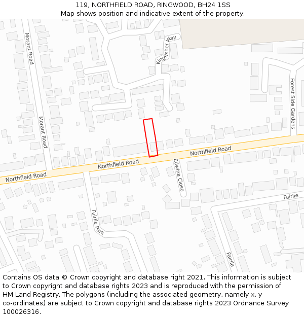 119, NORTHFIELD ROAD, RINGWOOD, BH24 1SS: Location map and indicative extent of plot