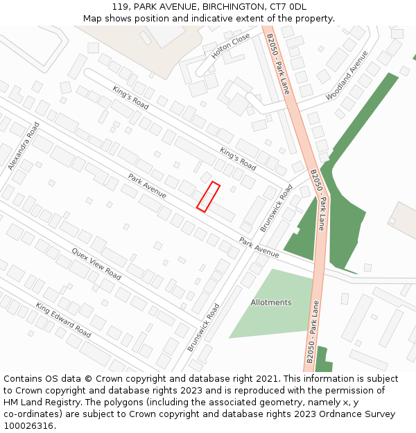 119, PARK AVENUE, BIRCHINGTON, CT7 0DL: Location map and indicative extent of plot