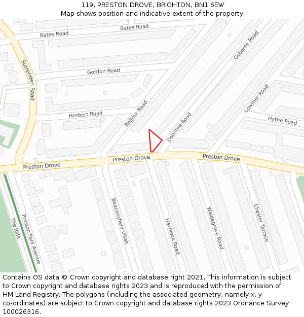 119, PRESTON DROVE, BRIGHTON, BN1 6EW: Location map and indicative extent of plot