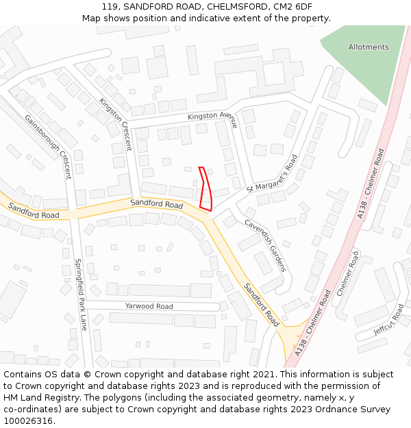 119, SANDFORD ROAD, CHELMSFORD, CM2 6DF: Location map and indicative extent of plot